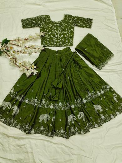 kids lehenga chinon silk Green Kids wear distributor in Gujarat